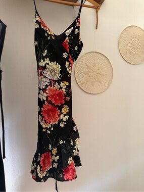 Peach Love California Black Midi Slip Dress with Red & Cream Floral Print